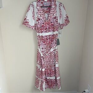 BNWT Julia Jordan button up maxi dress white red floral tie waist women’s 12